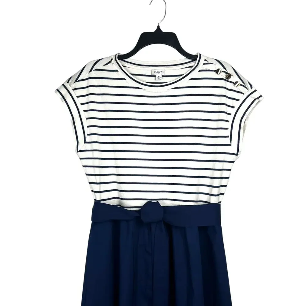 J.CREW Women's Size M Nautical Tie-Waist Knit Blue White Mixed Pattern Dress